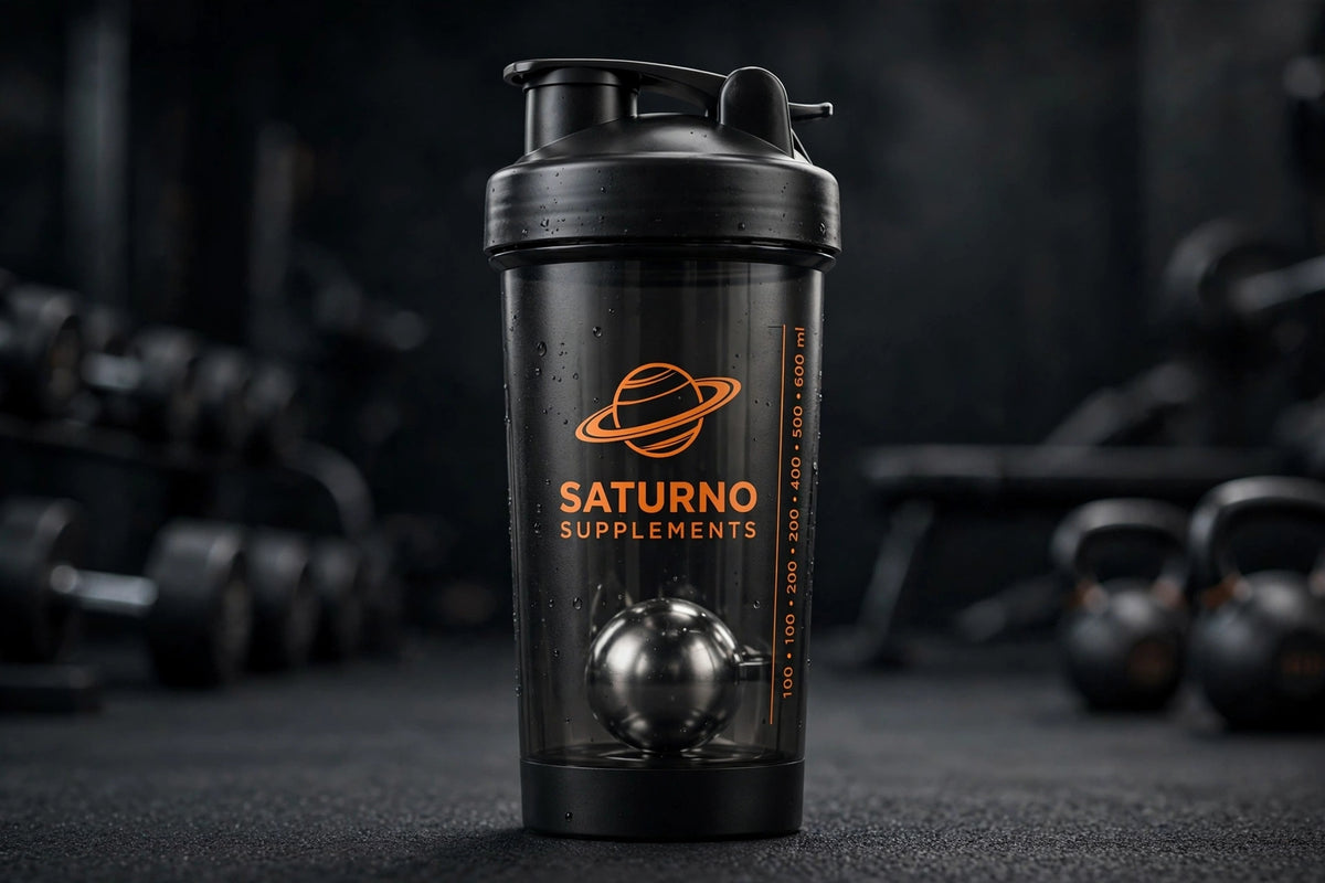 Coqueteleira 600ml - Saturno Supplements - Preta Premium com Esfera Inox